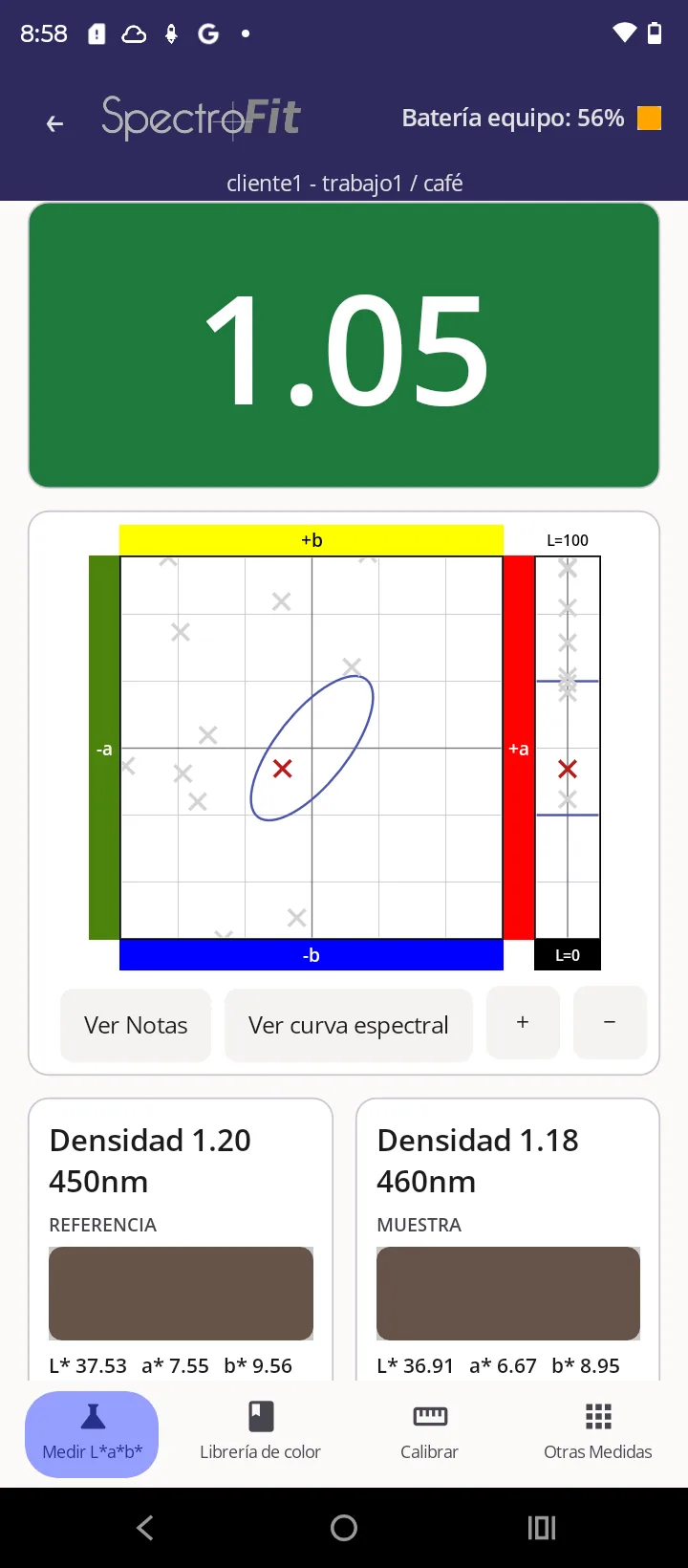 App SpectroFit para Android mostrando una comparación L*a*b* con resultado aprobado