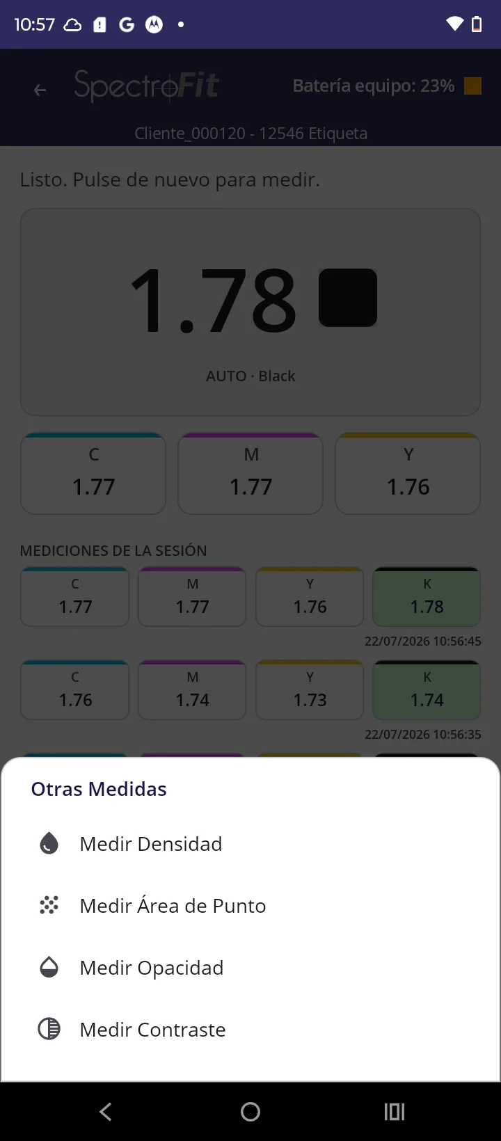 Menú de medidas de la app SpectroFit para Android: densidad, área de punto, opacidad y contraste