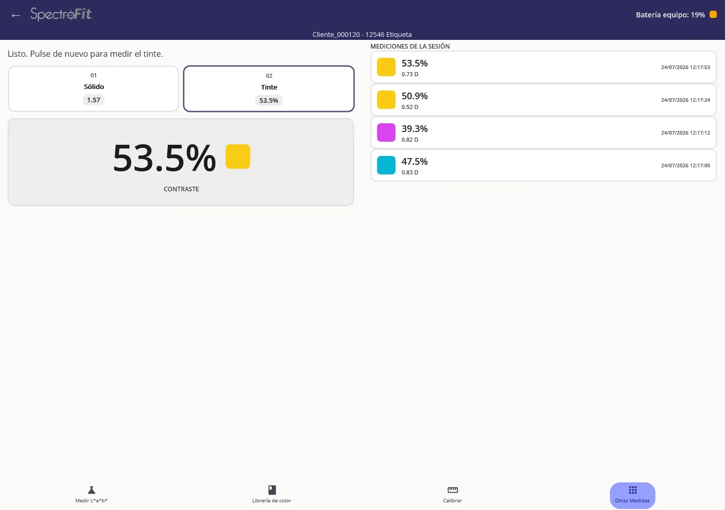 App SpectroFit para Windows mostrando una medición de contraste de impresión