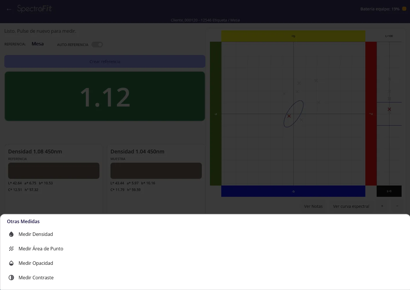 Menú de medidas de la app SpectroFit para Windows: densidad, área de punto, opacidad y contraste