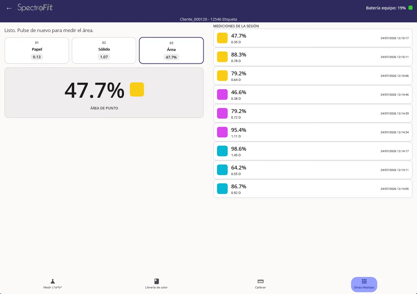 App SpectroFit para Windows mostrando una medición de área de punto